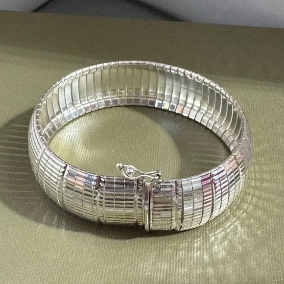 925 Sterling Silver Italy Diamond Cut Pattern Band Wide Bracelet